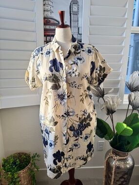 Cynthia Rowley Blue Floral Linen Blend Button Down Mini Dress - XL